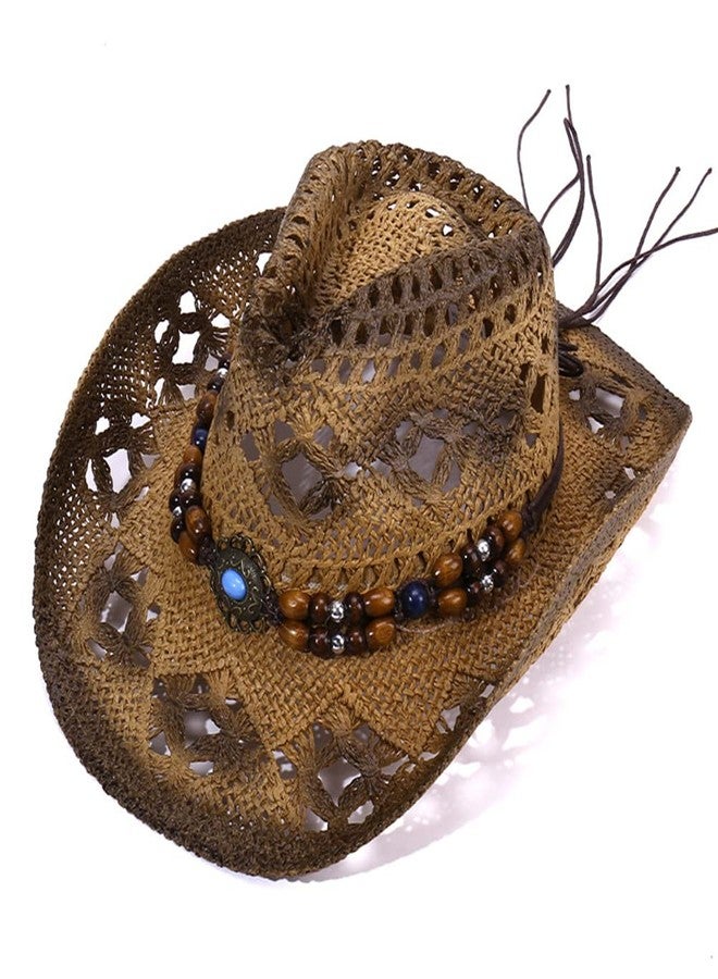 CeFurisy Woven Straw Cowboy Cowgirl Hat, Beach Hat Western Cowboy Hat for Clothing Costume Khaki - Image 1